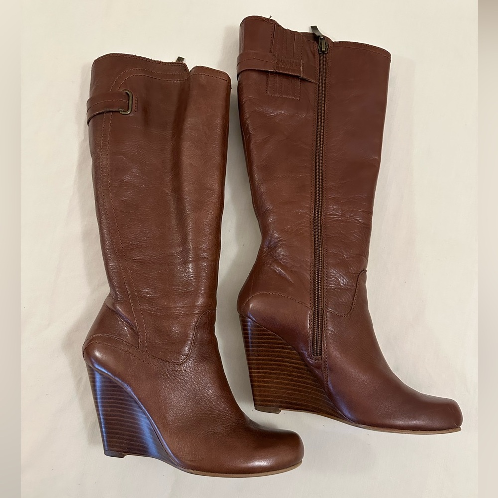 GUESS - Campus Leather Boots , Brown, Adjustable Calf Wedge Boots